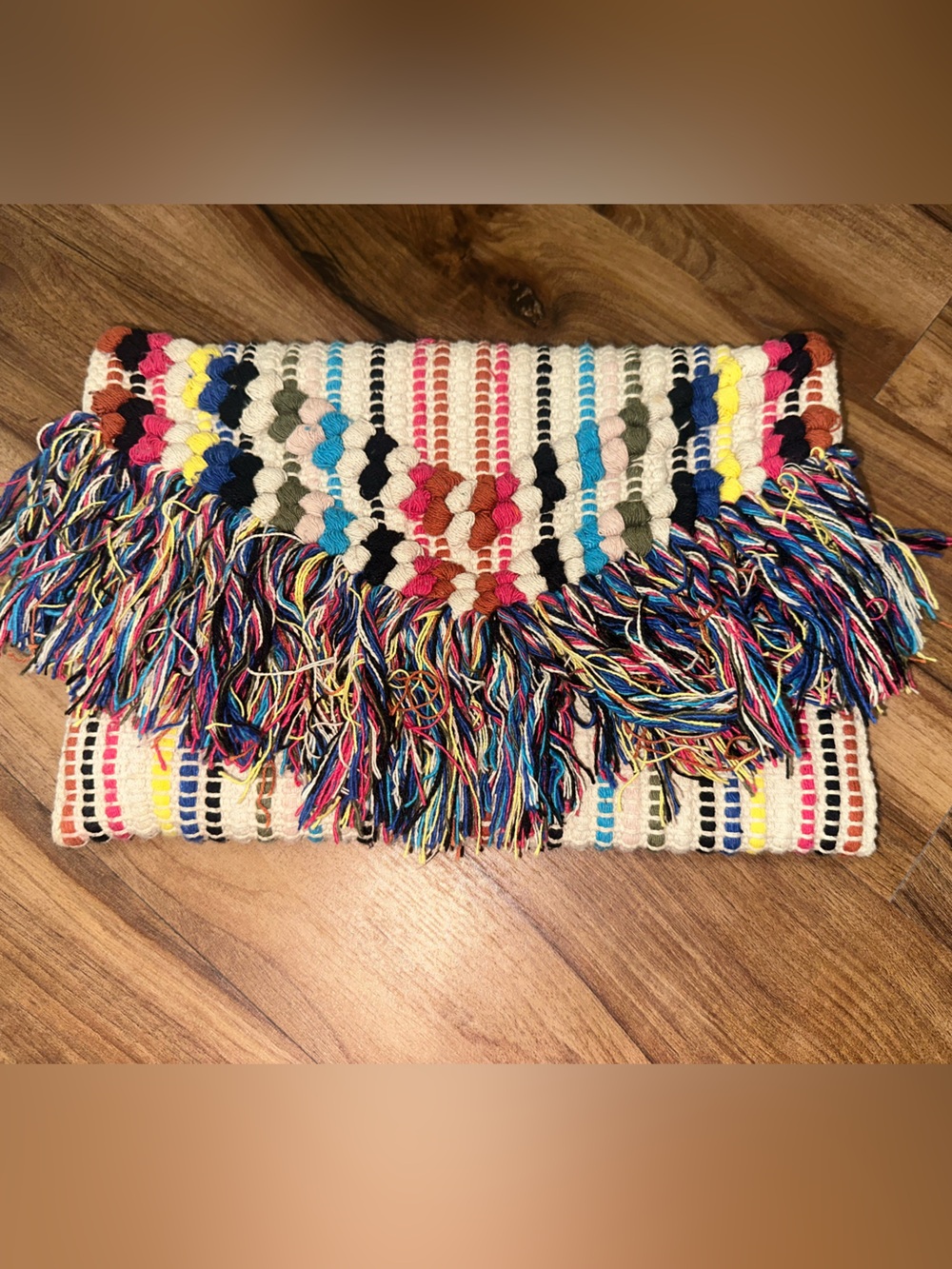 Sondra Roberts Squared Multicolor Fringe Woven Clutch Boho Envelope Bag